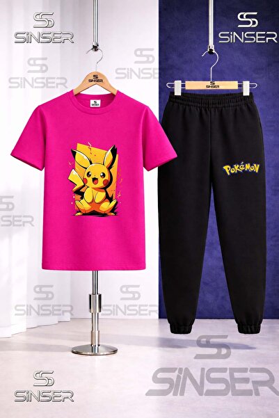 SS SİNSER Children's Pikhacu Yellow Canvas Printed T-Shirt Sweatpants Set