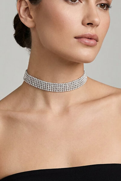 Valmont Accessories Kristal Taşlı 26+10 cm Choker Işıltılı Şık Kadın 5 Sıra S...