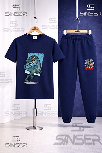 SS SİNSER Παιδικό Σετ Φόρμας με Μπλουζάκι με Στάμπα DINOSAUR TURQUOISE CANVAS