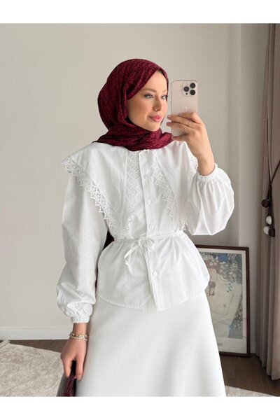 RFK Butik Γυναικείο πουκάμισο ποπλίνα με δαντελένιο γιακά - Λευκό