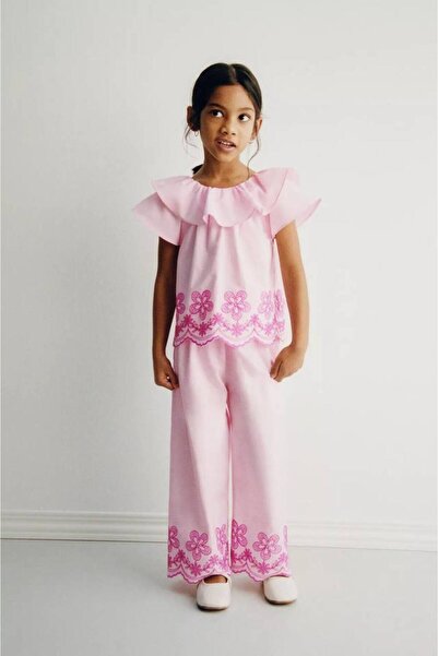 Karaniko Kids Pantaloni culotte brodați cu flori pentru fete și cămașă brodat...