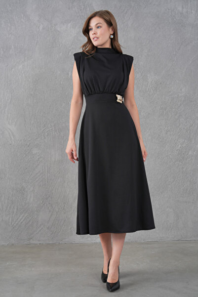 bayansepeti Γυναικείο Μαύρο Φόρεμα Μίντι από Ύφασμα Κρεπ, με Κομψό Σχεδιασμό,...