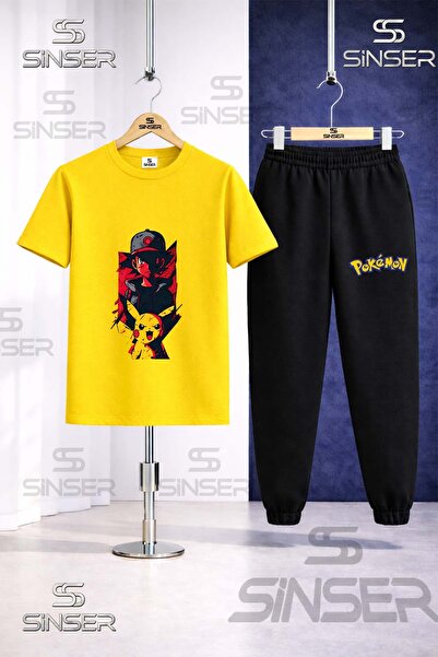 SS SİNSER Children's Esli Pikhacu Syh Red Shadow Printed T-Shirt Tracksuit Set