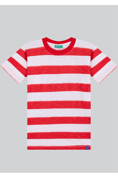Benetton Αγορίστικο μπλουζάκι από βαμβάκι με κόκκινες και λευκές ρίγες και στ...