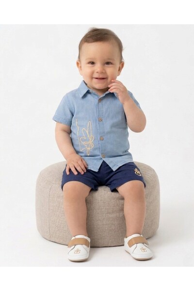 VOY KİDS Baby Boy Denim Shirt, Muslin Shorts 6-9-12-18-24 Months Summer Styli...