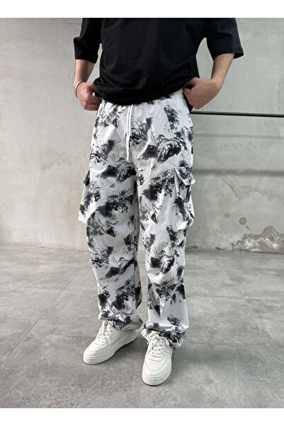 DIFRANSEL JEANS Batik Patterned White Parachute Pants