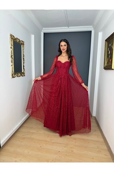 gökkuşagı moda Bordo Uzun Kollu Dantel Kare Yaka Yırtmaçlı Uzun Abiye Elbise