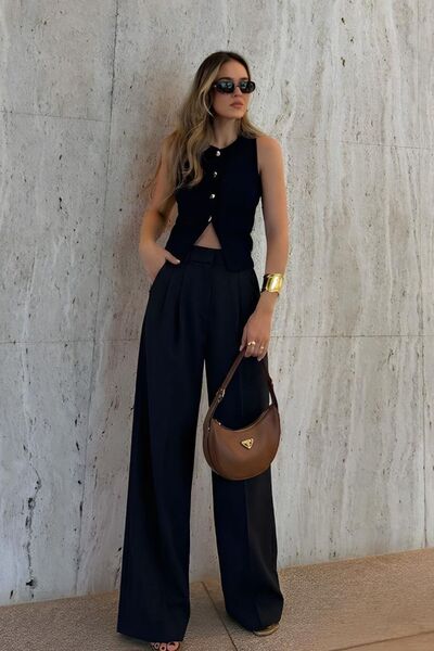 GENIUS STORE Γυναικείο παντελόνι με ψηλή μέση, πλισέ, φαρδιά μπατζάκια, Plazz...