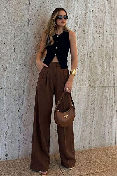 GENIUS STORE Γυναικείο παντελόνι με ψηλή μέση, πλισέ, φαρδιά μπατζάκια, Plazz...