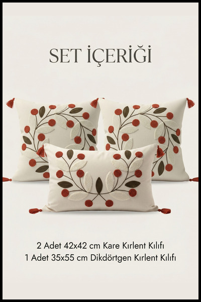 cottoncloth Papatya Punch Nakışlı Dekoratif 2 Kare 1 Dikdörtgen Kırlent Kılıf...