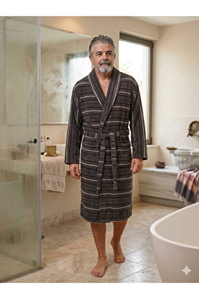 VENEDİK Cotton Velvet Unisex Coffee Color Striped XL Bathrobe