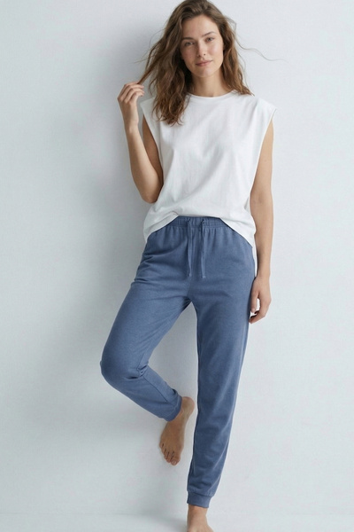 Elemge 100% Cotton Compact Combed Single Jersey Women's Pajama Bottoms with Pockets Regular Fit Cuff Hem Flexible Anti-Sweat Indg