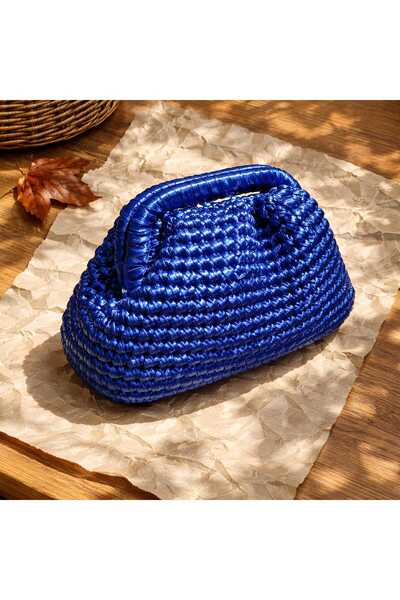 EL YAPIMI Saks Mavisi El Örgüsü Bulut Çanta - Parlak Dokulu Portföy Clutch