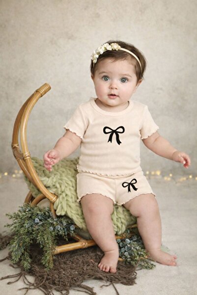 neocotton Baby Girl Ribbed Ribbon Printed 2-Piece Shorts Set