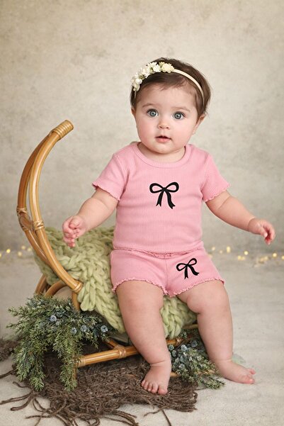 neocotton Kız Bebek Çocuk Ribana Kurdela Baskılı 2'li Şortlu Takım