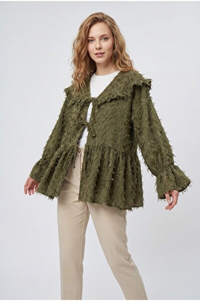 MİYALORA Bağcıklı Tüy Dokulu Jakar Kimono - Haki