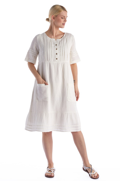 Newbutix Short Sleeve Off-White Square Neck Pocket Detailed Midi Length Musli...