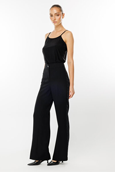 Moda İlgi Μαύρο παντελόνι με γκλίτερ, ψηλόμεσο, φαρδιά μπατζάκια, άνετο και κ...