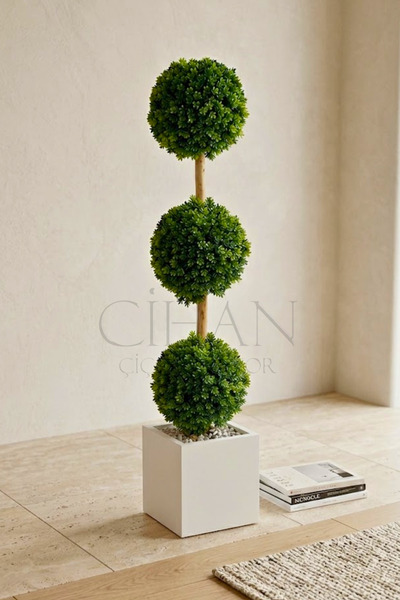 Cihan Çiçekçilik Yapay 3'lü Top Şimşir Ağacı - Kare Saksılı 130cm