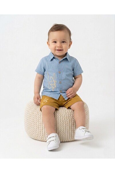 VOY KİDS Baby Boy Denim Shirt, Muslin Shorts 6-9-12-18-24 Months Summer Styli...