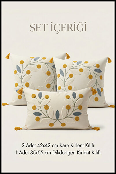 cottoncloth Papatya Punch Nakışlı Dekoratif 2 Kare 1 Dikdörtgen Kırlent Kılıf...