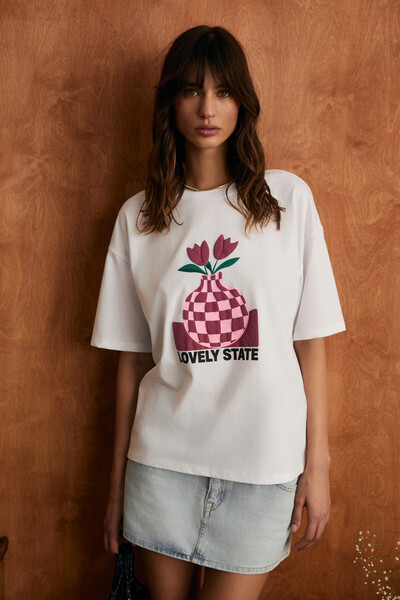GRIMELANGE SPRINE Kadın Yumuşak Kumaşlı %100 Pamuklu Baskılı Regular Beyaz T-Shirt
