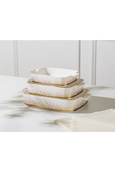 Malooki Σετ 3 ταψιών φούρνου Snowing – από λευκή πορσελάνη με ντεγκραντέ χρυσ...