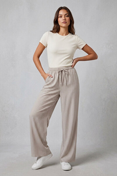 LEY COLLECTİON Γυναικείο παντελόνι με ελαστική μέση, ριγέ, ψηλόμεσο, φαρδύ πα...