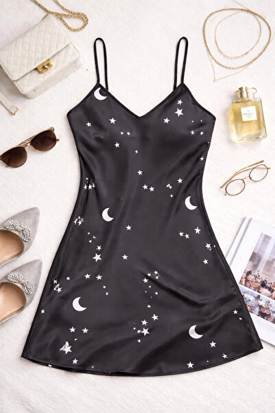 TeniModa Νυχτικό από σατέν με μοτίβο έναστρου ουρανού και τιράντες TM1387