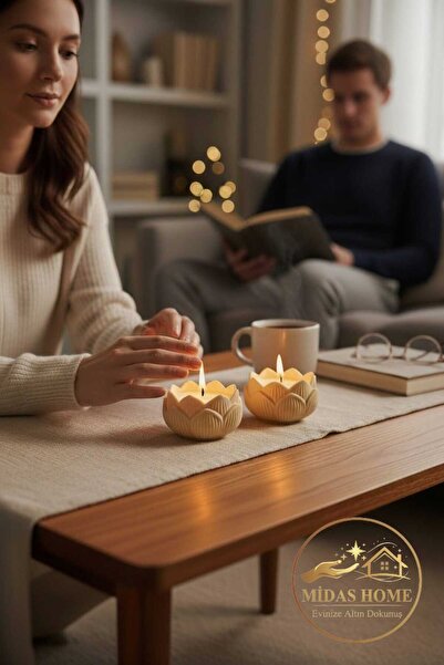 Midas Home Lotus Çiçeği Desenli Beyaz 2 Adet Parafin Mum