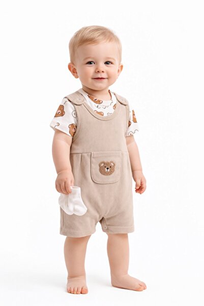 dinamik çocuk Baby Boy Süzene Teddy Bear Short Sleeve Snap-On Bodysuit & Ribb...