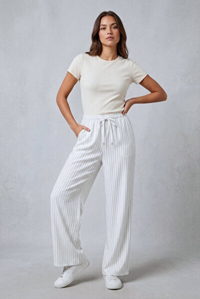 LEY COLLECTİON Γυναικείο παντελόνι με ελαστική μέση, ριγέ, ψηλόμεσο, φαρδύ πα...