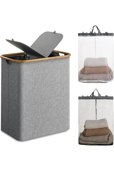 Mien Bambu Kenarlı Kumaş Katlanabilir 100 Lt Çamaşır Sepeti 54x33x58