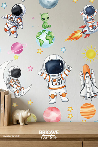 Bricave Astronot Uzay Yolculuğu ve Gezegenler Sticker Çocuk Odası Duvar Kapı Cam Etiket Sticker