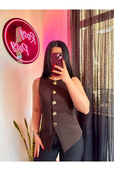 ROSYPOSY Kadın Gold Düğme Detaylı Kahverengi Bluz