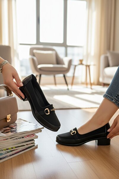 enoch Women's Orthopedic Sole Gold Chain Detailed Short Thick Heeled Teacher ...