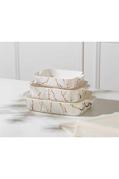 Malooki Σετ 3 μαρμάρινων ταψιών φούρνου – λευκή πορσελάνη με χρυσό μαρμάρινο ...