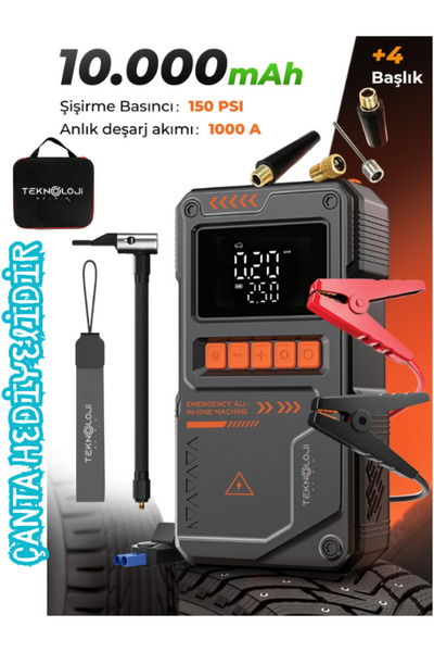 Teknoloji Gelsin Şarjlı Akü Takviye Cihazı Pompa Powerbank El Feneri Oto Komp...