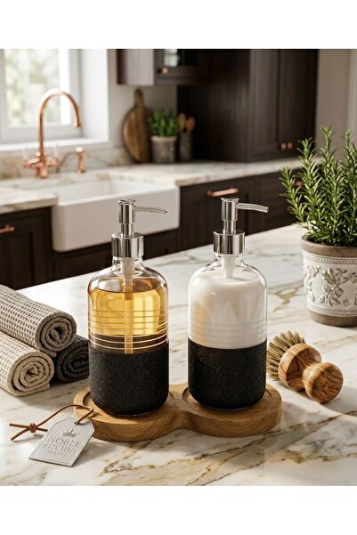 Buğra Home 2'Lİ AHŞAP STANDLI CAM SIVI SABUNLUK -750ML-