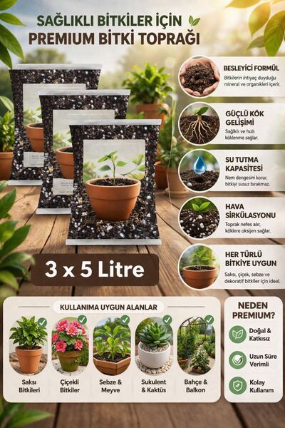 NEXVORİA Ev & Bahçe İçin Premium Bitki Toprağı - Böcek Sinek Yapmaz - 3x5Litre