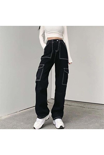 mintev Black Cargo Pocket Pants with White Stitching