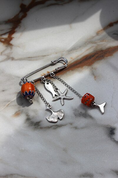cadeaccessories Deniz Temalı Charm Ve Turuncu Desenli Boncuklu İğne