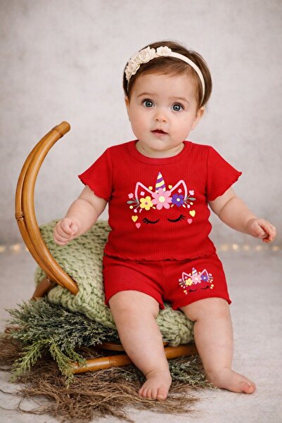 neocotton Kız Bebek Çocuk Ribana Unicorn Baskılı 2'li Şortlu Takım