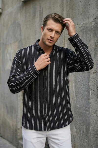 MADZEYMODA Ανδρικό μακρυμάνικο μαύρο πουκάμισο με χοντρές ρίγες και αυτοσχεδι...