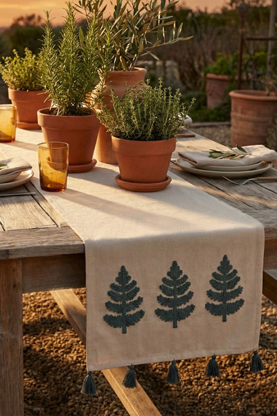 morlina home Renkli Ağaç Nakışlı Püsküllü Pamuk Dekoratif Bohem Pamuk Runner ...