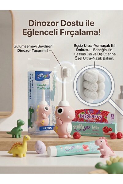 Smile yes Smileyes Bebek Diş Macunu 0-3 Yaş Ahududu + DinaSaur Diş Fırçası 1-...
