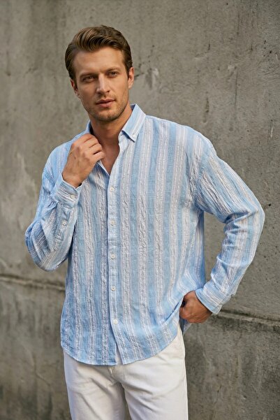 MADZEYMODA Ανδρικό μακρυμάνικο μπλε πουκάμισο με χοντρές ρίγες και αυτοσχεδια...
