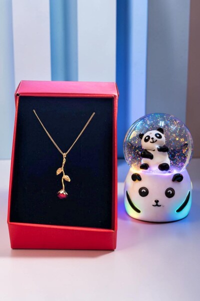 Saltos Işıklı Panda Kar Küresi Kımızı Gül Gold Kolye Doğum Günü Hediyesi Kız ...