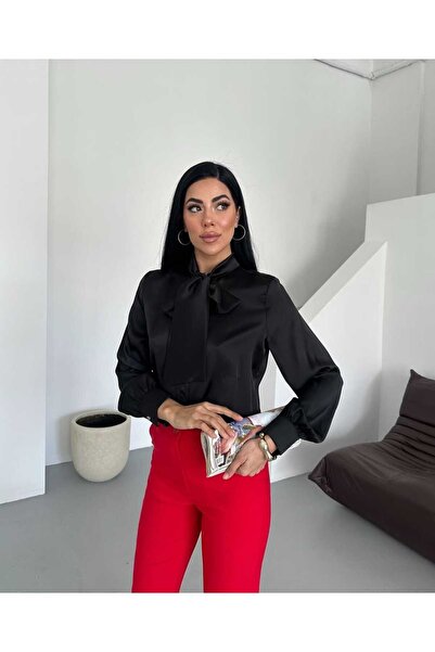 marvion Kadın Fular Yaka Saten Gömlek
