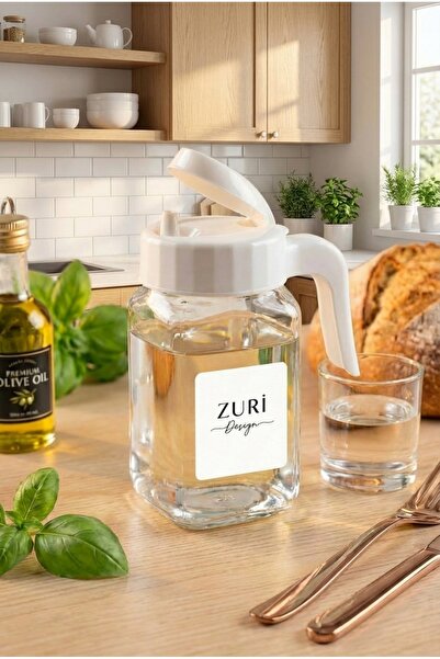 ZURİ DESİGN Cam Sürahi Kapaklı ve Akıtma Uçlu Kulplu Şeffaf Cam Sürahi Beyaz ...